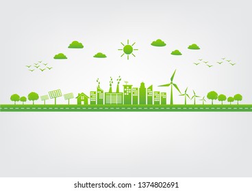 Ecology concept with green city on road, World environment and sustainable development concept, vector illustration