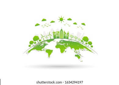 Ecology concept with green city on earth, World environment and sustainable development concept, vector illustration