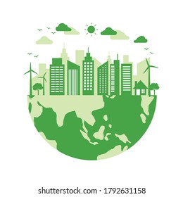 Ecology concept with green city on earth. isolated on white background. World environment and sustainable development. vector illustration banner flat design.