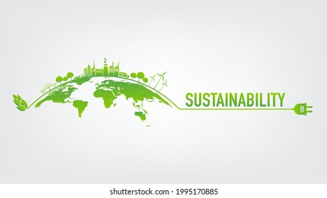 Ecology Concept With Green City On Earth, World Environment And Sustainable Development Concept, Vector Illustration