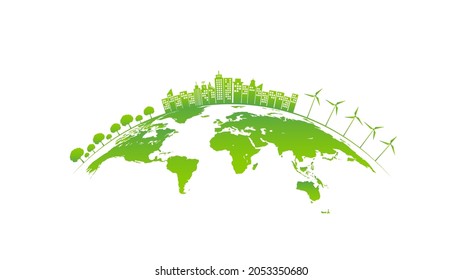 Ecology concept with green city on earth, World environment and sustainable development concept, vector illustration