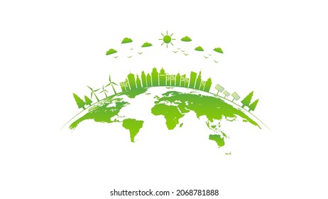 Ecology Concept With Green City On Earth, World Environment And Sustainable Development Concept, Vector Illustration