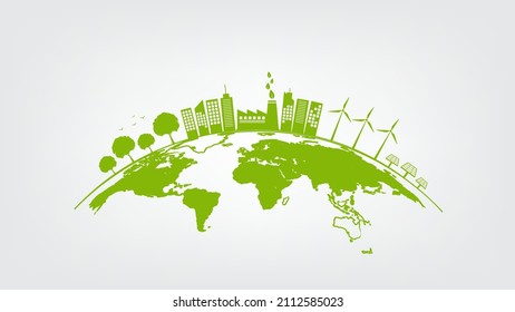 Ecology concept with green city on earth, World environment and sustainable development concept, vector illustration