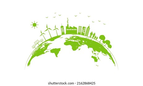 Ecology concept with green city on earth, World environment and sustainable development concept, vector illustration