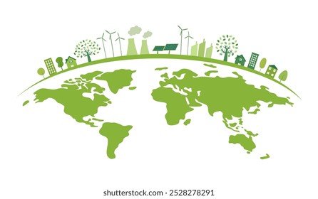 Ecology concept with green city on earth, World environment and sustainable development concept vector illustration.
