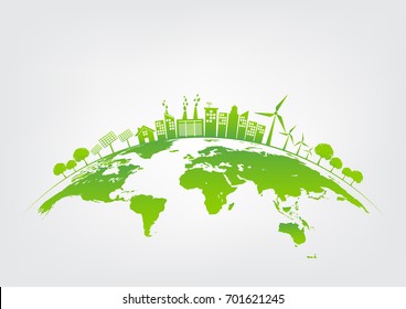 Ecology concept with green city on earth, World environment and sustainable development concept, vector illustration - Shutterstock ID 701621245