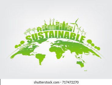 Ecology concept with green city on earth, World environment and sustainable development concept, vector illustration