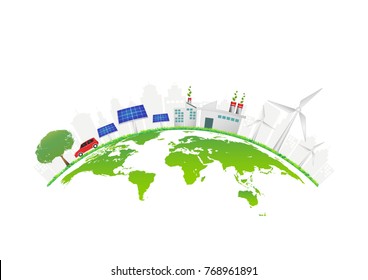 Ecology concept with green city on earth, World environment and sustainable development concept, vector illustration