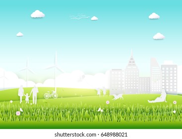 Ecology concept with green city and trees. paper art style design