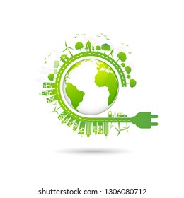 Ecology concept with green city for world environment day and sustainable development concept, vector illustration 