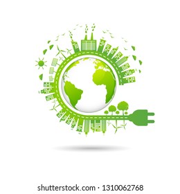 Ecology concept with green city for world environment day and sustainable development concept, vector illustration 