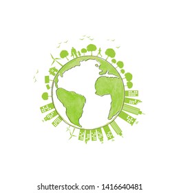 Ecology concept with green city for world environment day and sustainable development concept, vector illustration 