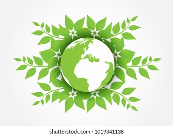 Ecology concept. Green earth ,Green leaf paper art. white background,Vector