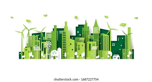 Ecology concept with green eco city background.Environment conservation resource sustainable.Vector illustration.