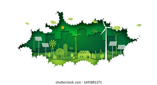 Ecology concept with green eco city on nature background.Environment conservation resource sustainable.Vector illustration.