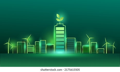 Ecology concept with green eco city background. Environment conservation resource sustainable, renewable energy, urban environment concept.