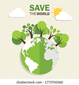 Ecology concept with green eco earth and trees. World environment day poster. Save the world sustainable development. vector illustration in flat style modern design. 