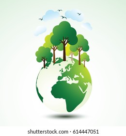 Ecology concept with Green Eco Earth and Trees. Vector illustration.