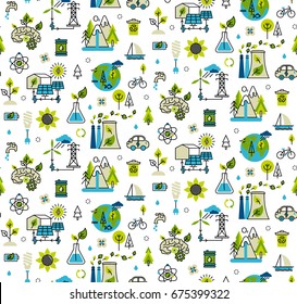 Ecology concept, green energy, ecology problem and alternative fuel seamless pattern in modern flat line style.
