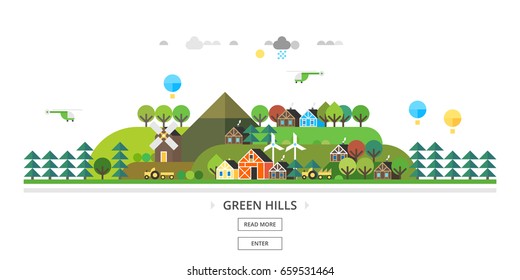 Ecology concept. Green hills. Village hills.