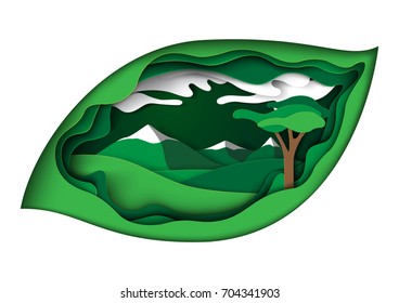 Ecology concept in green leaf paper carve background.Nature landscape and environment conservation paper art style design template.Vector illustration.