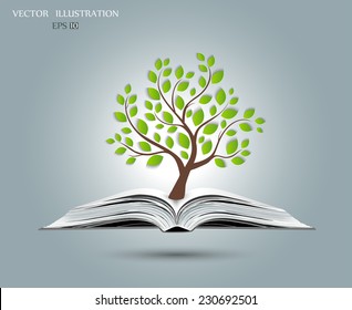 Ecology concept, Green paper tree growing from an open book, Vector illustration modern design template