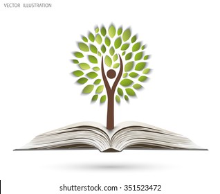 Ecology concept, Green paper tree growing from an open book, Vector illustration modern design template