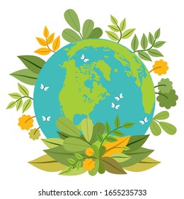 Ecology concept. Green planet. Earth day. Globe with plants. Vector illustration