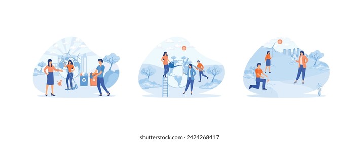 Ecology concept. Green planting and watering. Renewable energy. Ecology 1, set flat vector modern illustration 