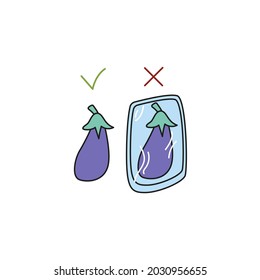 ecology concept. hand drawn doodle ecology elements. eggplant in plastic package and without it, choice without plastic. consume less plastic. isolated vector illustration