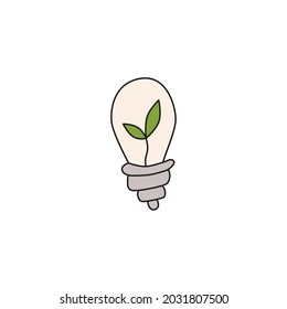ecology concept. hand drawn doodle ecology elements. light bulb with green sprout inside. isolated vector illustration