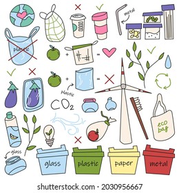ecology concept. hand drawn set of doodle ecology elements. eco bag, no plastic, plastic bag, eco brush, metal straw, recycle, trash bin, plastic coffee cup. isolated vector illustration 