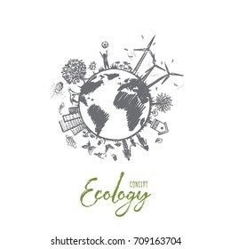 Ecology concept. Hand drawn sustainable ecological environment. Harmony living with nature isolated vector illustration.