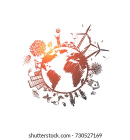 Ecology concept. Hand drawn sustainable ecological environment. Harmony living with nature isolated vector illustration.