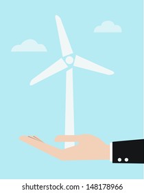 ecology concept with hand give wind power station. vector illustration 