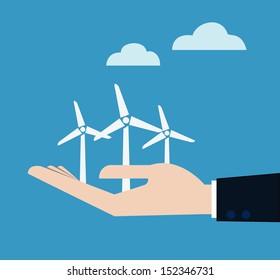 ecology concept with hand give wind power station. vector illustration 