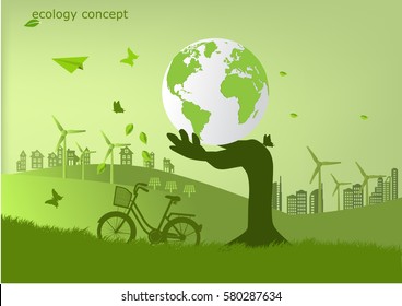 Ecology concept ,Hand protection global Environmentally friendly world. Vector illustration
