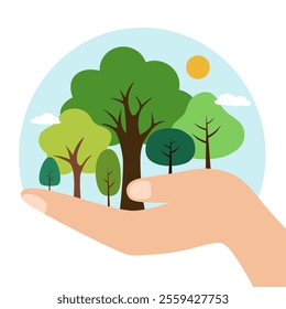 Ecology concept with Hand and tree in flat design. Save the forest vector illustration.