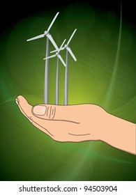 concepto ecológico con mano que da energía eólica. ilustración vectorial