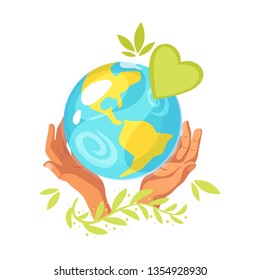 Ecology concept. Hands holding Earth icon with green heart overhead. Vector illustration isolated on white background.