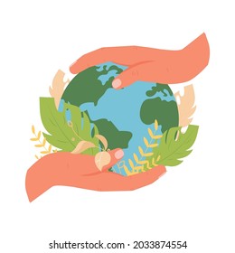 Ecology concept. Hands protect nature and planet from pollution. Cleaning, green planting and watering. People take care about planet ecology. Earth day. Globe with trees, plants. Vector illustration.