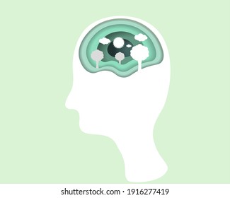 Ecology concept head and paper.thought bubble nature.ecology and nature concept in trendy craft style.Cutted paper style illustration.The human head is cut out of paper.Green nature and eco friendly.