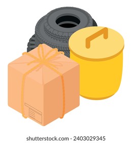 Icono de concepto de ecología vector isométrico. Neumático del auto y caja cerrada cerca de la papelera. Ordenación de residuos, protección del medio ambiente