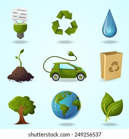 Ecology concept icons. Electric car, water and plant. Vector Illustration