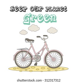 Ecology concept illustration with cartoon bicycle, isolated on white background. 