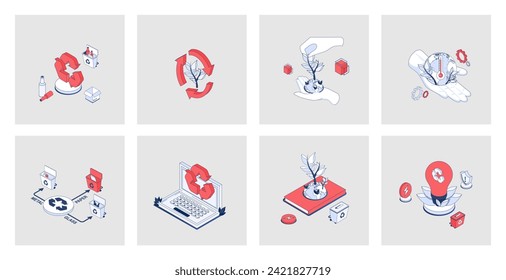 Ecology concept of isometric icons in 3d isometry design for web. Reuse and recycling technology, eco friendly, waste management, save planet and climate, alternative energy. Vector illustration