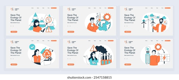 Concepto de ecología de la página de aterrizaje con Plantillas de diapositivas en diseño plano. Cabeceras de Sitio web con la gente detienen los incendios forestales, el cambio climático con el calentamiento, el uso de energía alternativa. Ilustraciones vectoriales.