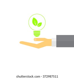 ecology concept with leaf inside light bulb on hand, white background, vector illustration