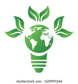 Ecology concept with light bulb, earth and leaves. Save energy icon sign symbol. Recycle logo. Vector illustration for any design.