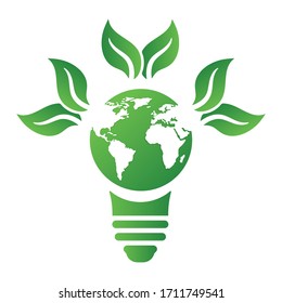 Ecology concept with light bulb, earth and leaves. Save energy icon sign symbol. Recycle logo. Vector illustration for any design.